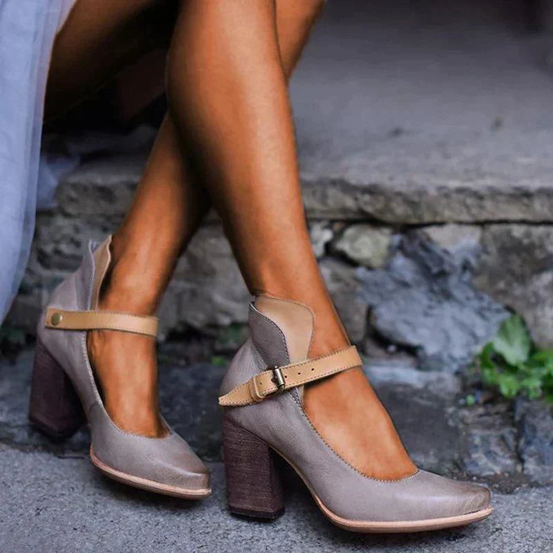 Taupe women's Mary Jane block heel sandal with adjustable ankle strap buckle
