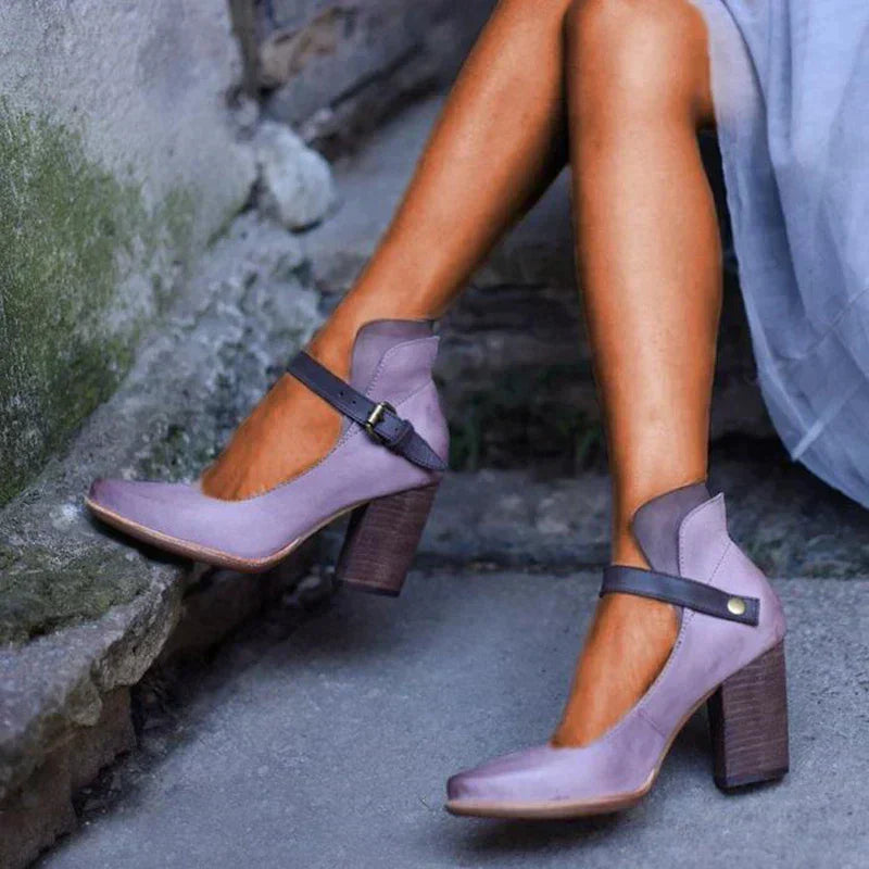Women's lavender Mary Jane ankle strap block heel sandal worn on feet