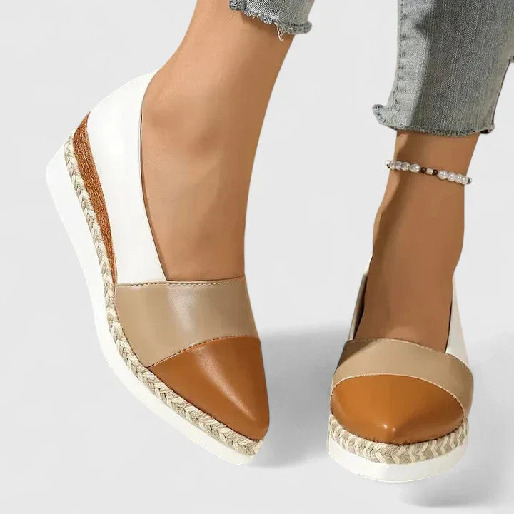 Tan and white color block espadrille loafers with braided jute trim