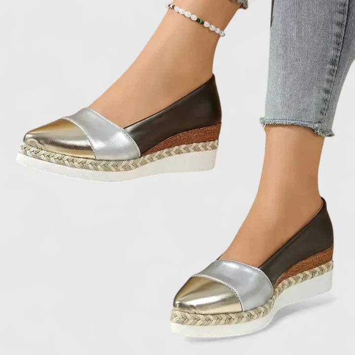 Metallic silver and bronze espadrille loafers with brown suede side panel
