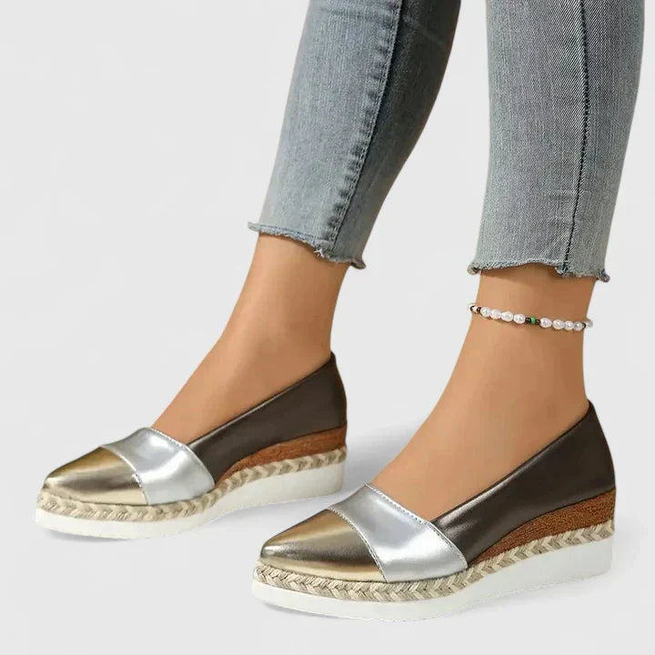 Women metallic espadrille loafers in silver, gold, and brown color block
