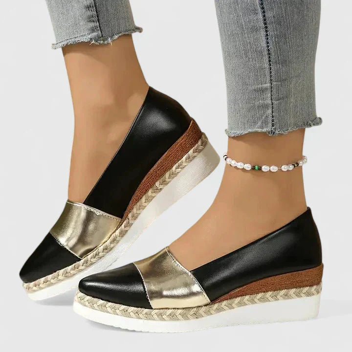 Black and gold metallic espadrille loafers with cream platform sole detail