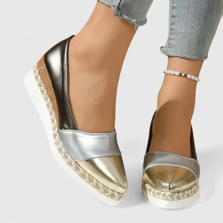 Women metallic color block espadrille loafers with silver, gold, and white leather