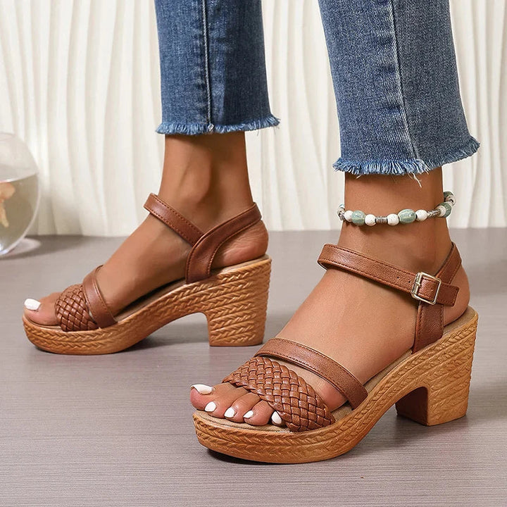 Cognac woven platform block heel sandals with textured wooden sole