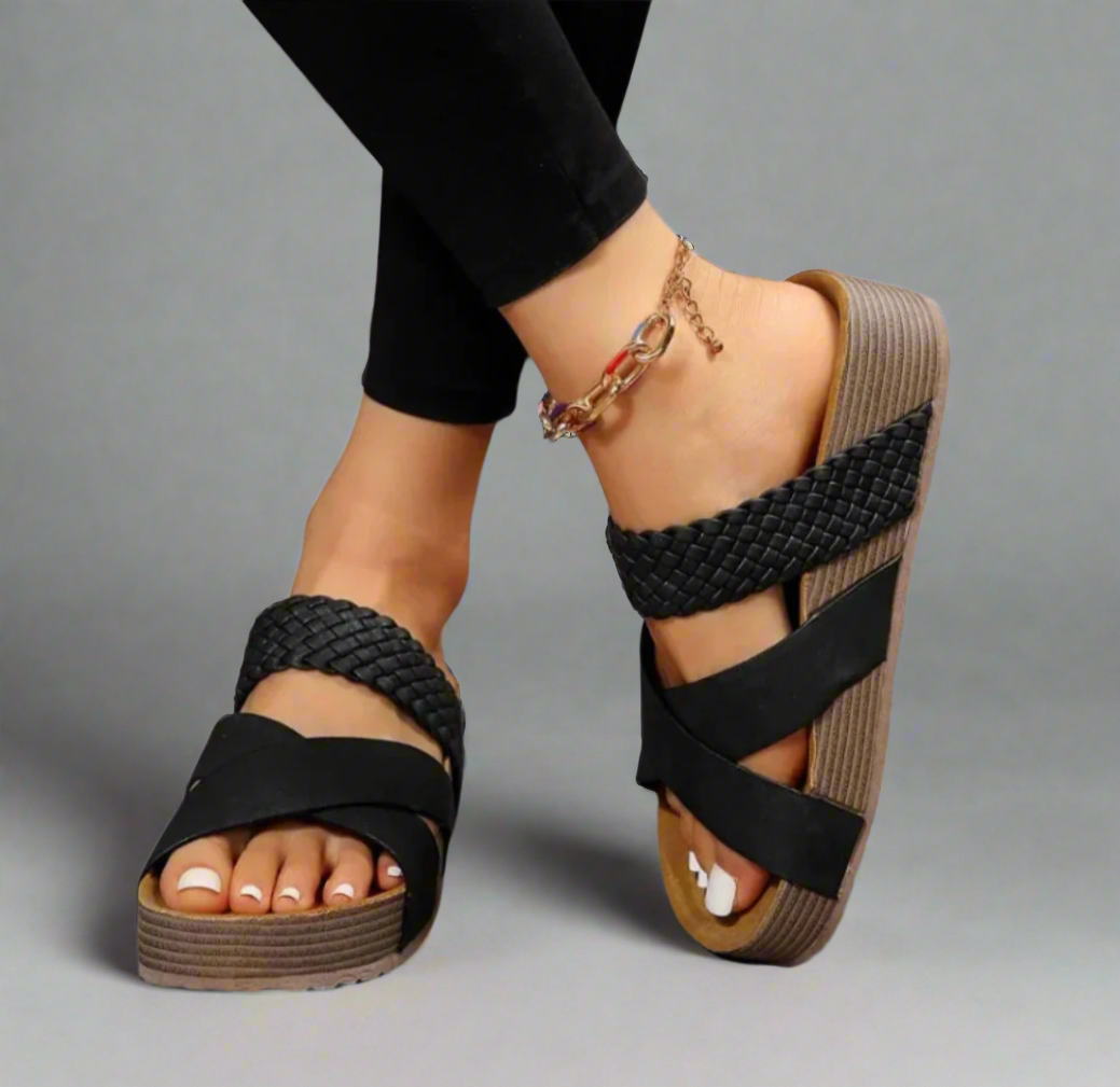 Black woven crossover strap platform sandal with ribbed heel and gold chain anklet