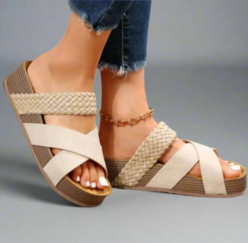 Cream woven crossover strap platform sandal with beige suede and ribbed sole