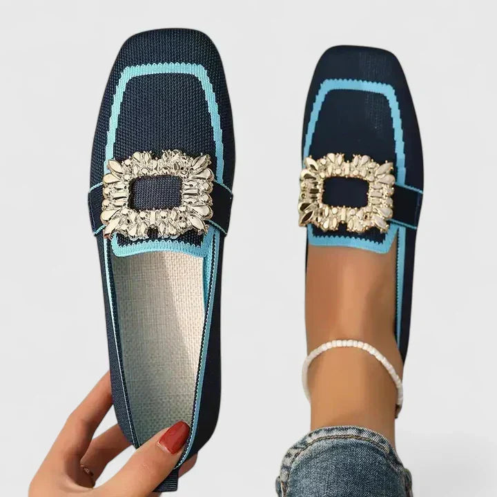 Navy and turquoise ruffled trim loafers with decorative cream bow detail