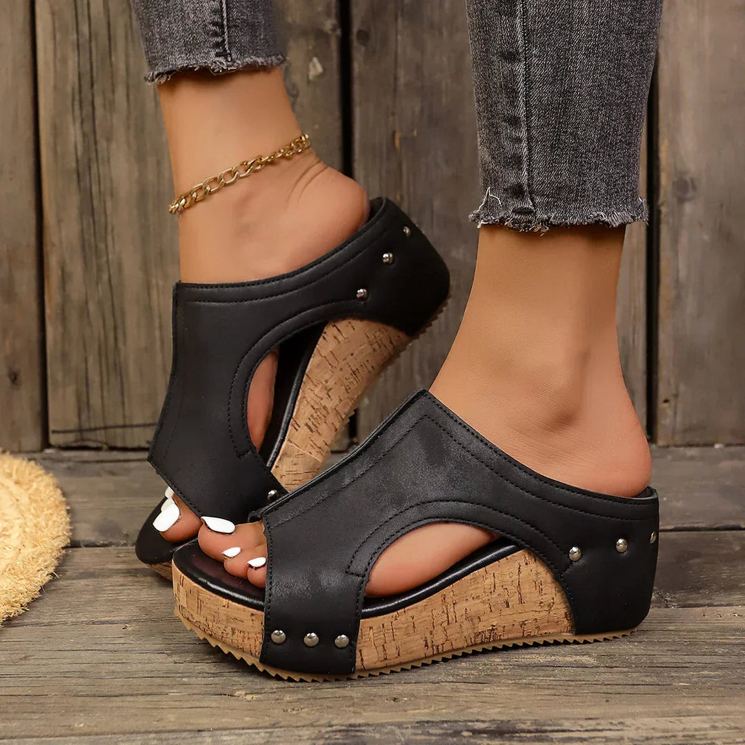 Black leather stud open toe wedge platform sandal with cork sole