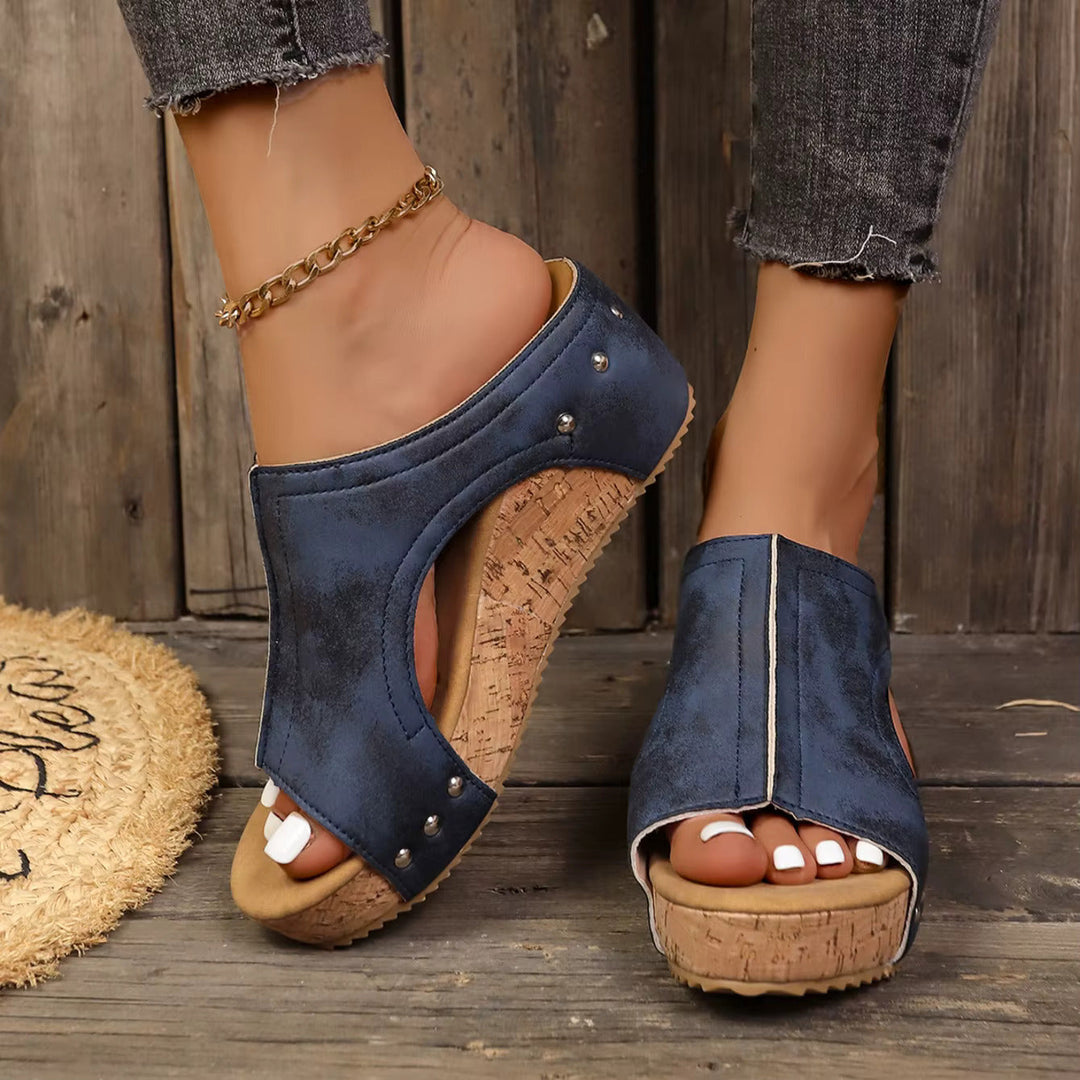 Navy suede stud open toe wedge platform sandal with cork heel