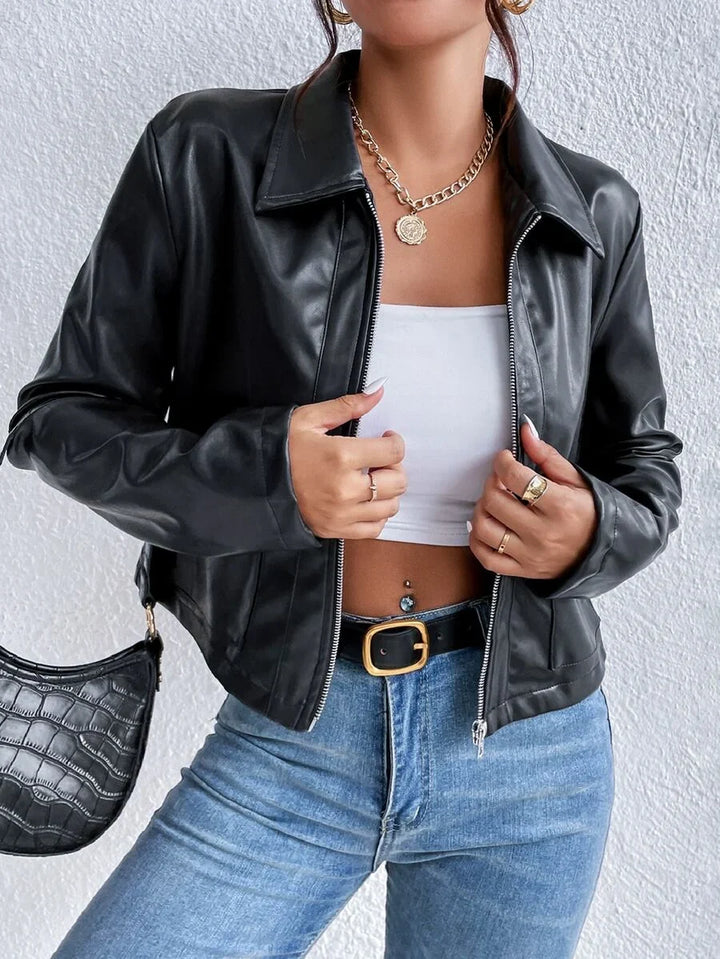 Women's Black Faux Leather Collared Cropped Zip Jacket