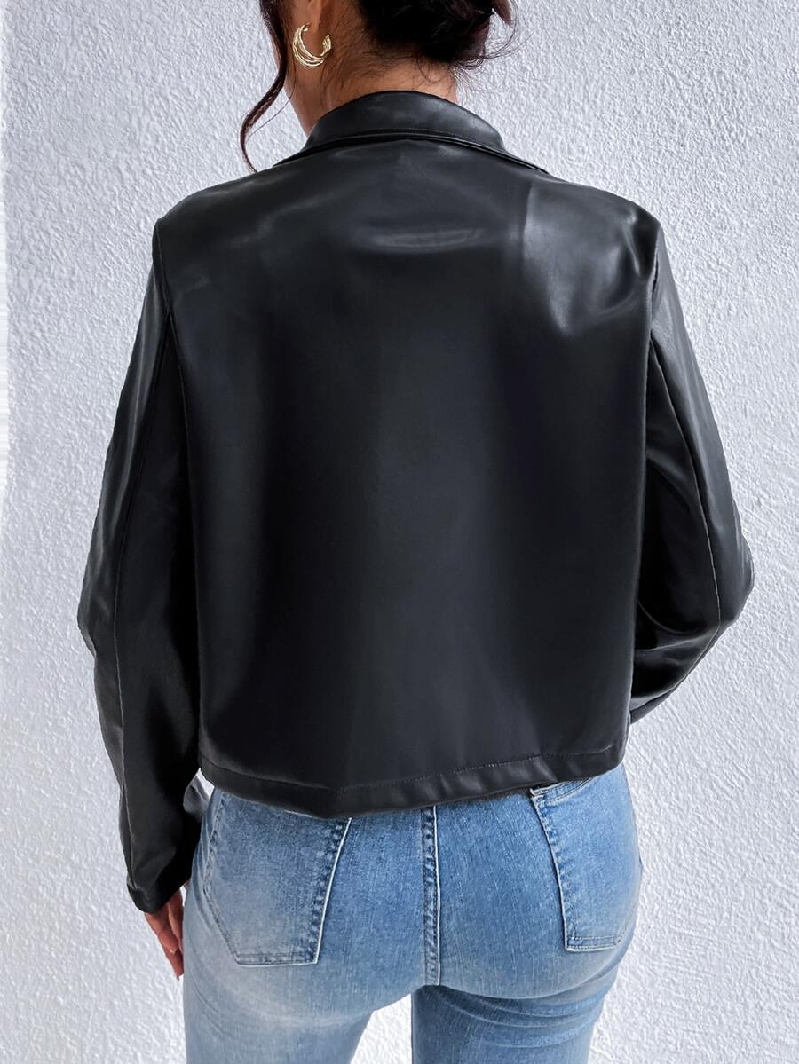 Women's Black Faux Leather Collared Cropped Zip Jacket
