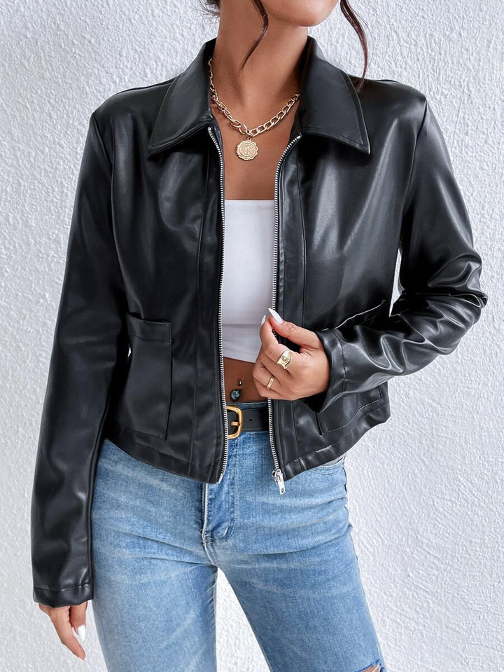 Women's Black Faux Leather Collared Cropped Zip Jacket