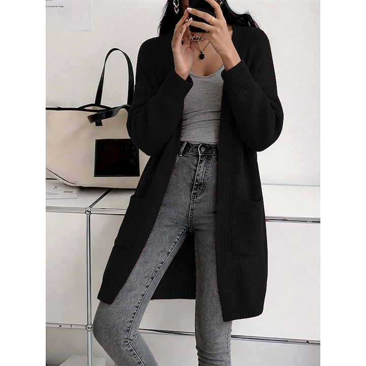 Women's Black Long Open Front Ribbed Knit Duster Cardigan