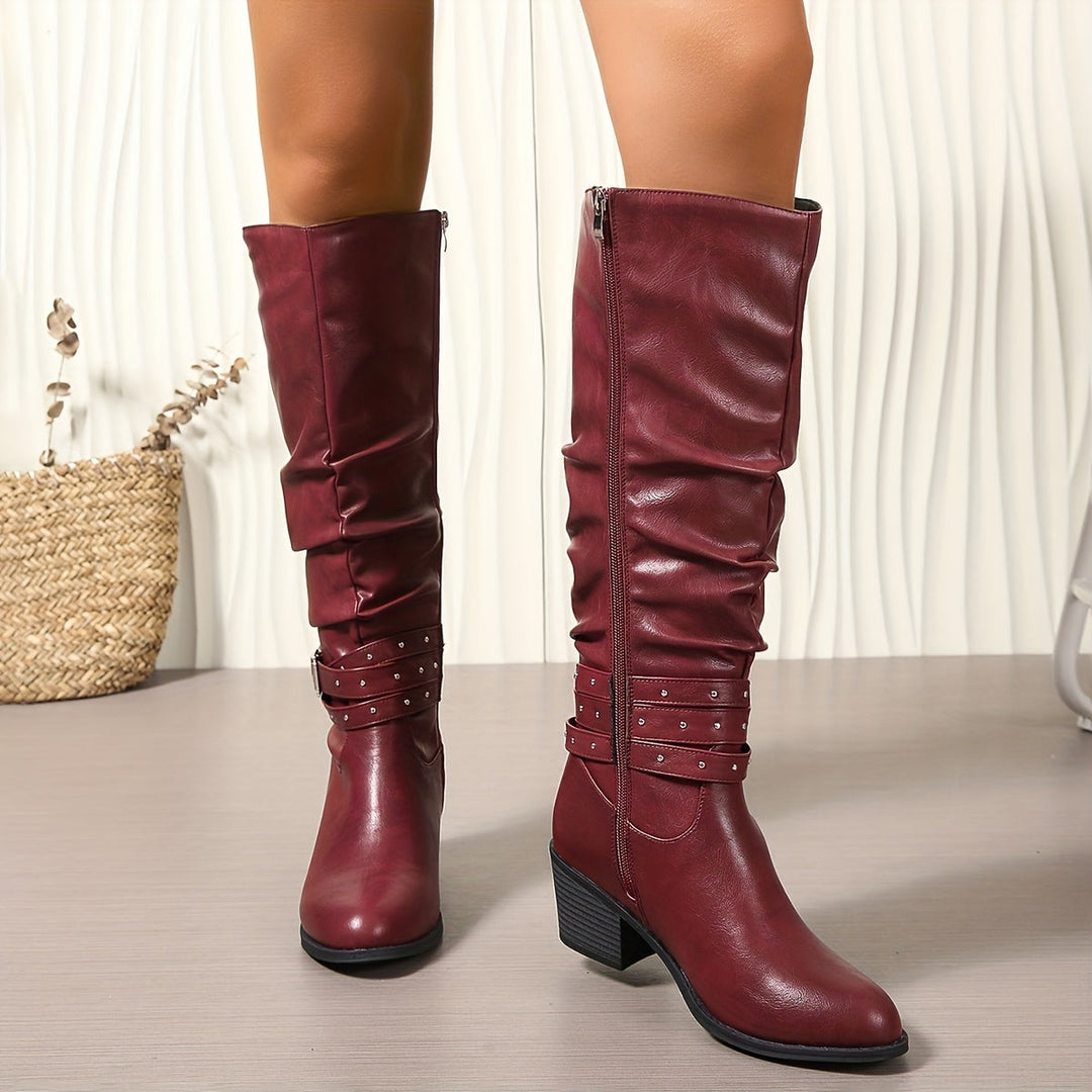 Women's Black Slouch Knee High Block Heel Zip Boots