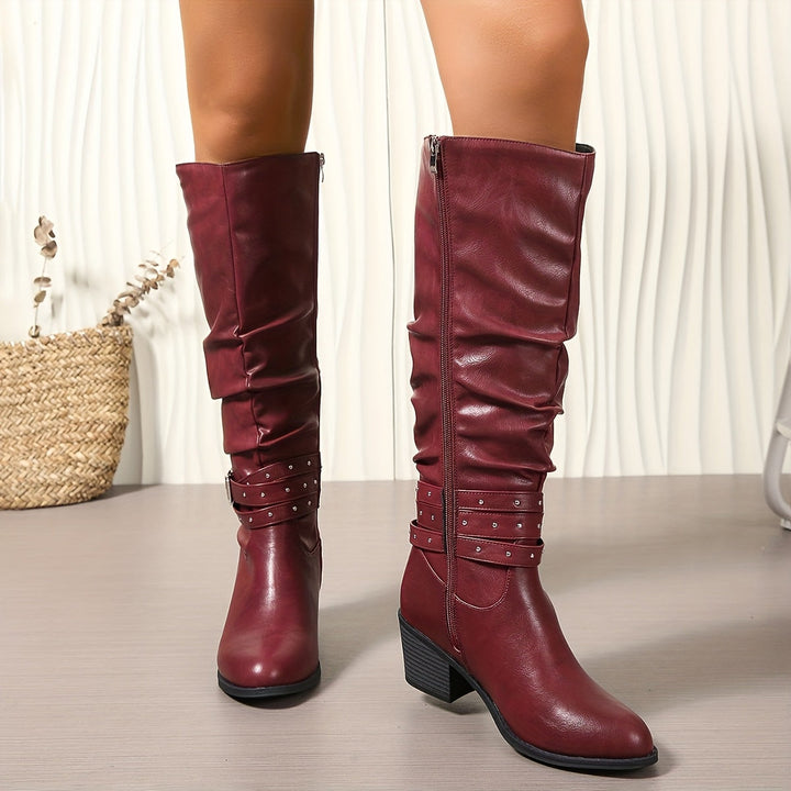 Women's Black Slouch Knee High Block Heel Zip Boots