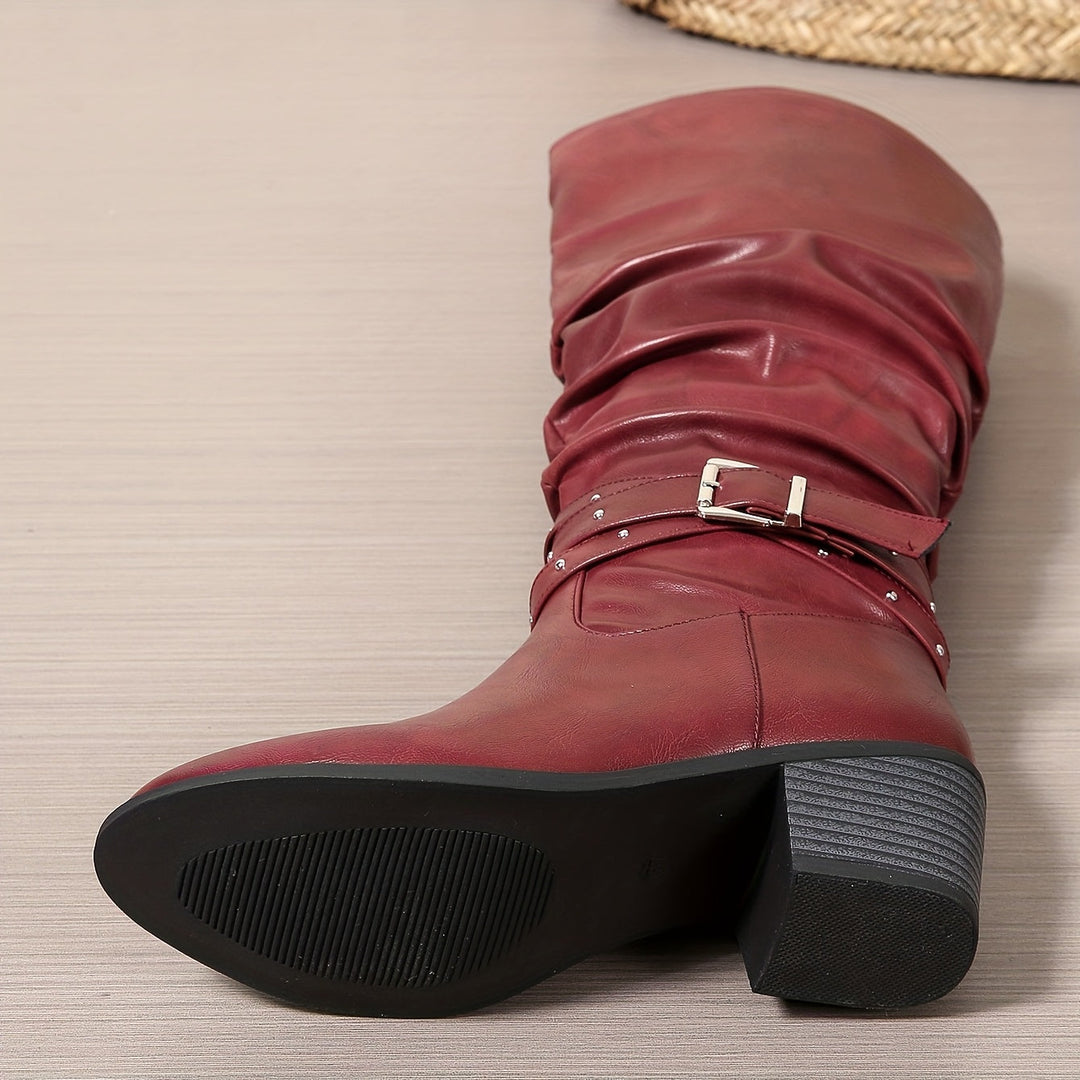 Women's Black Slouch Knee High Block Heel Zip Boots