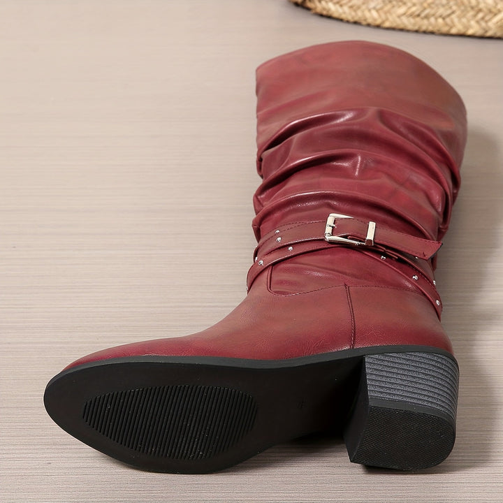 Women's Black Slouch Knee High Block Heel Zip Boots