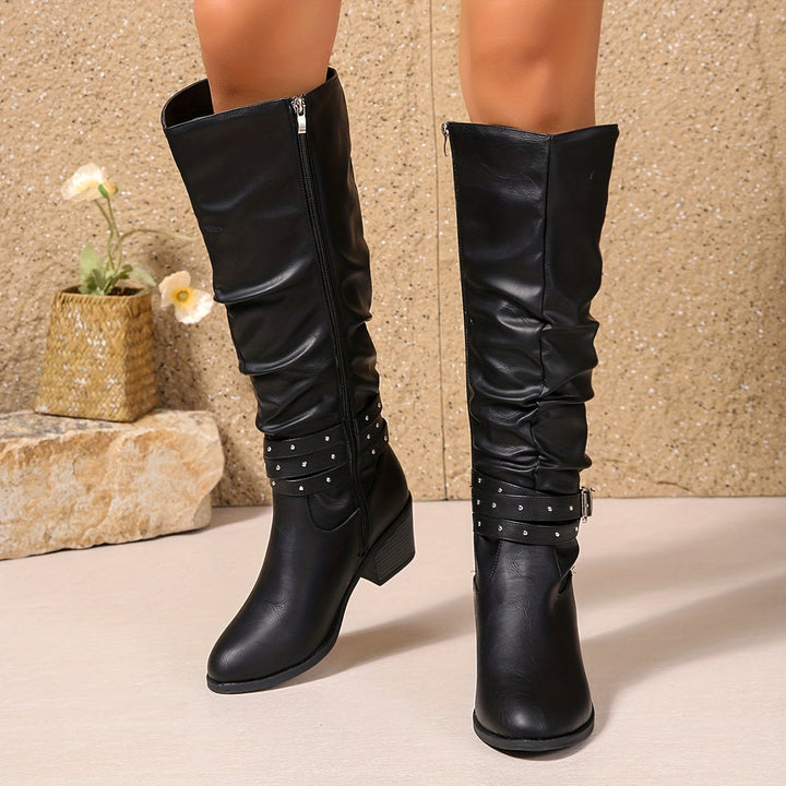 Women's Black Slouch Knee High Block Heel Zip Boots