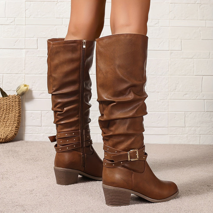 Women's Black Slouch Knee High Block Heel Zip Boots