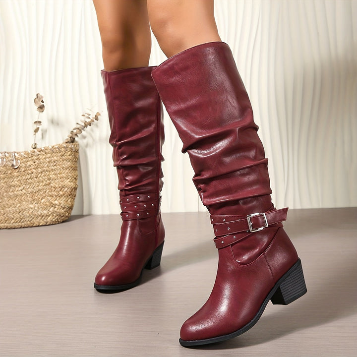Women's Black Slouch Knee High Block Heel Zip Boots