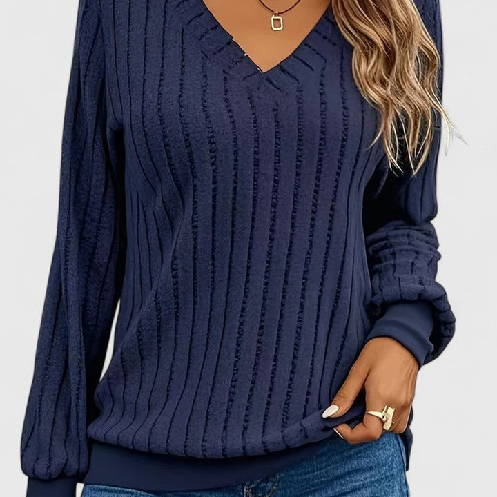 Women's Cable Knit V-Neck Balloon Sleeve Pullover Sweater