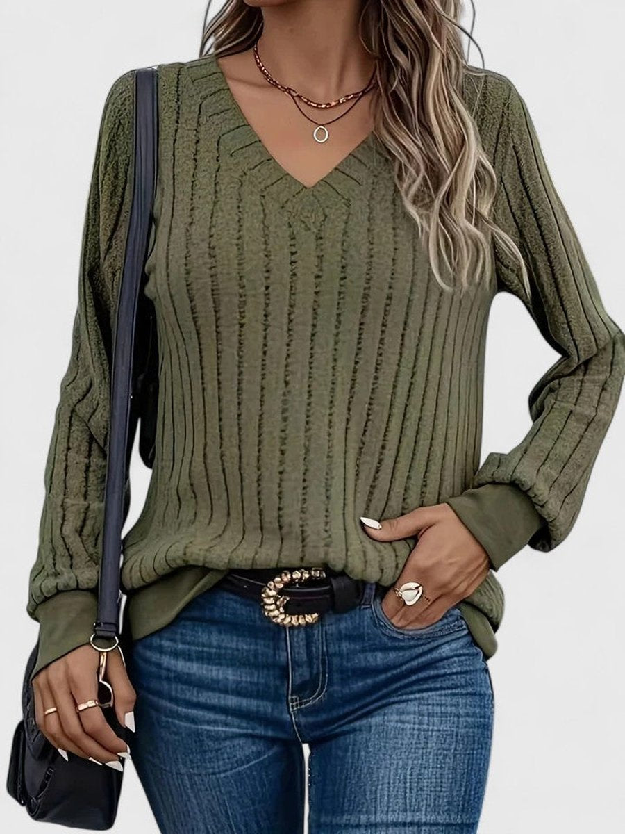 Women's Cable Knit V-Neck Balloon Sleeve Pullover Sweater