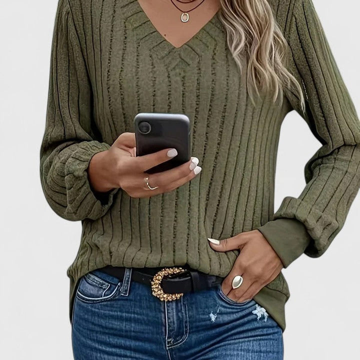 Women's Cable Knit V-Neck Balloon Sleeve Pullover Sweater