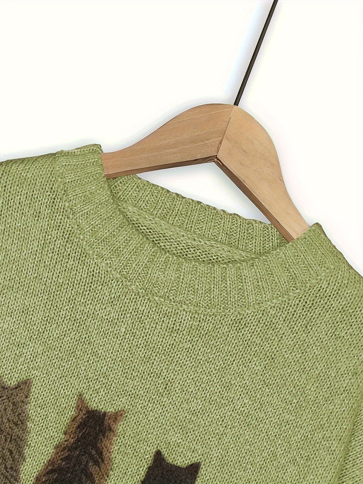 Women's Cat Print Crewneck Oversized Knit Sweater