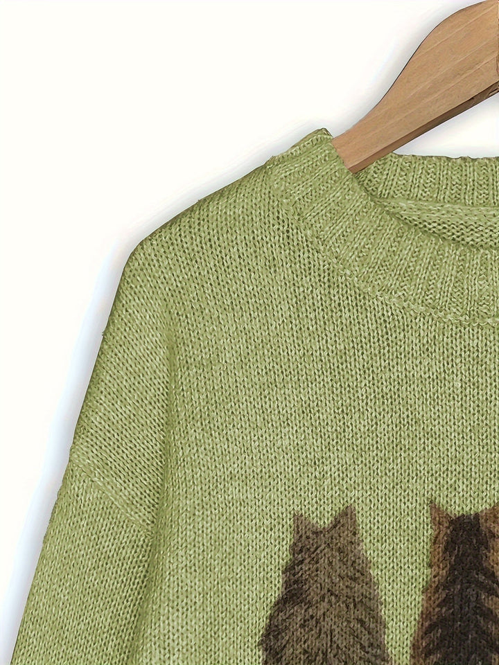 Women's Cat Print Crewneck Oversized Knit Sweater