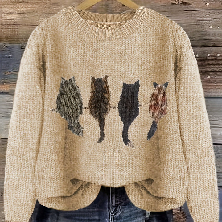 Women's Cat Print Crewneck Oversized Knit Sweater