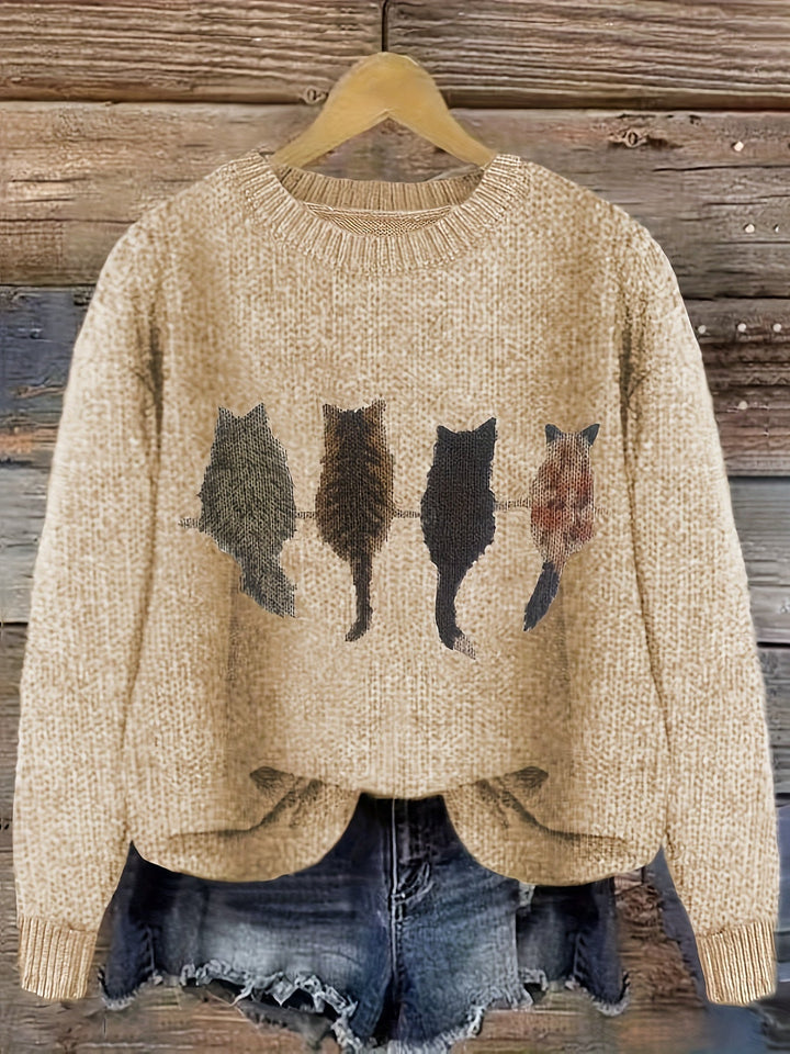 Women's Cat Print Crewneck Oversized Knit Sweater