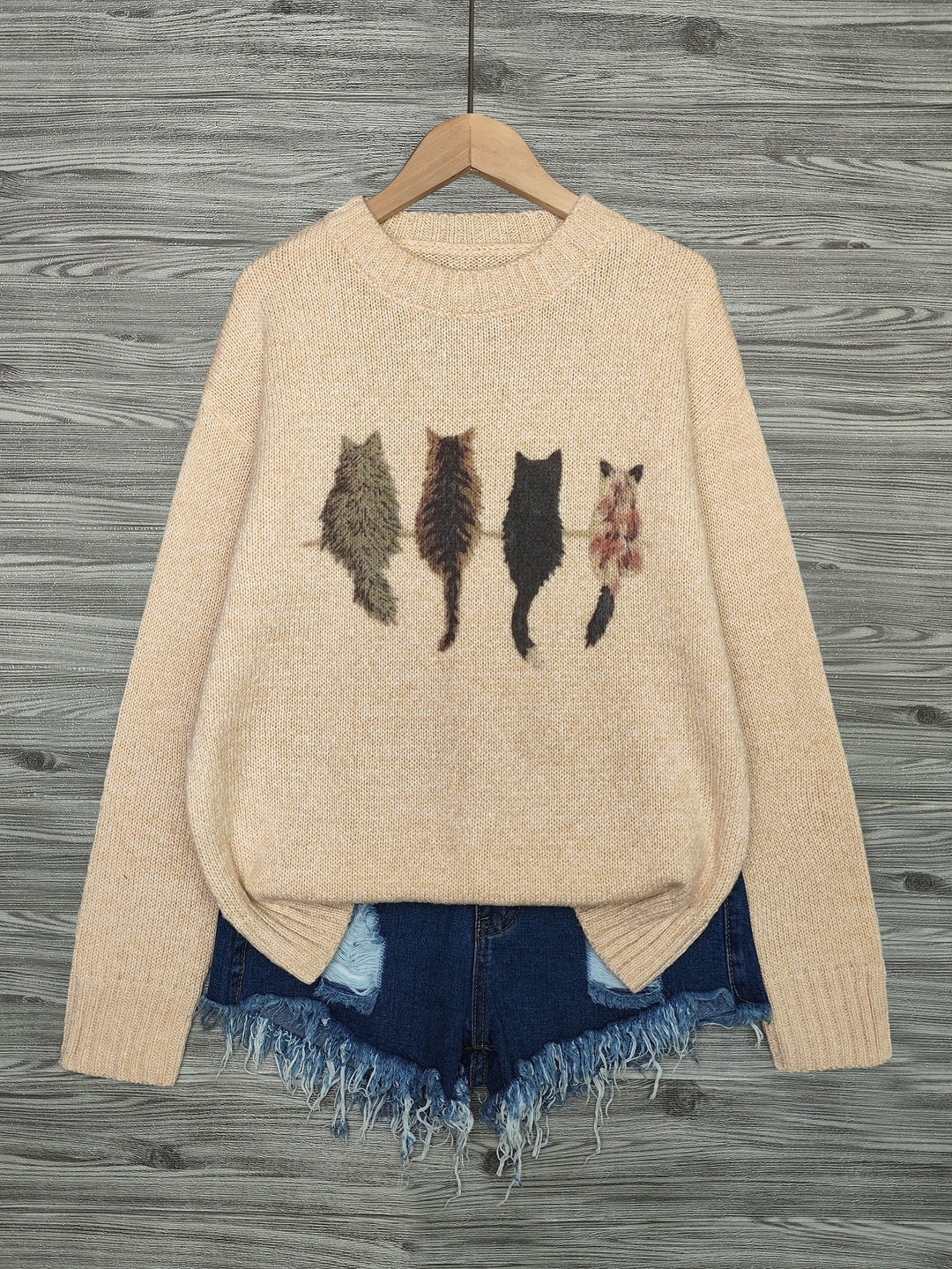Women's Cat Print Crewneck Oversized Knit Sweater