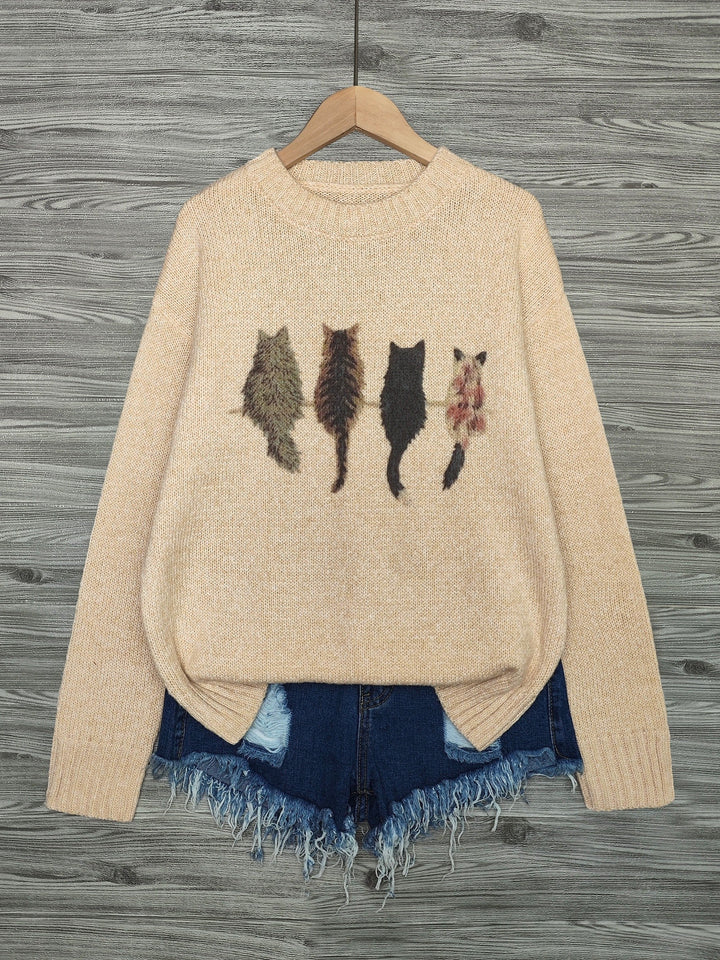 Women's Cat Print Crewneck Oversized Knit Sweater