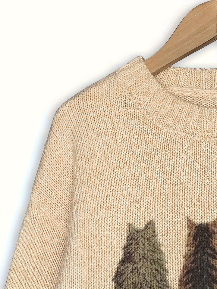 Women's Cat Print Crewneck Oversized Knit Sweater