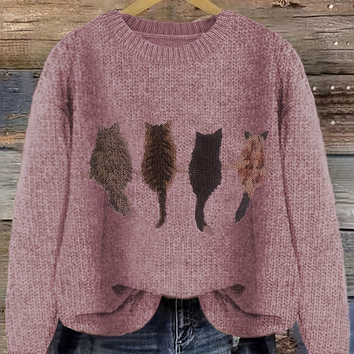 Women's Cat Print Crewneck Oversized Knit Sweater