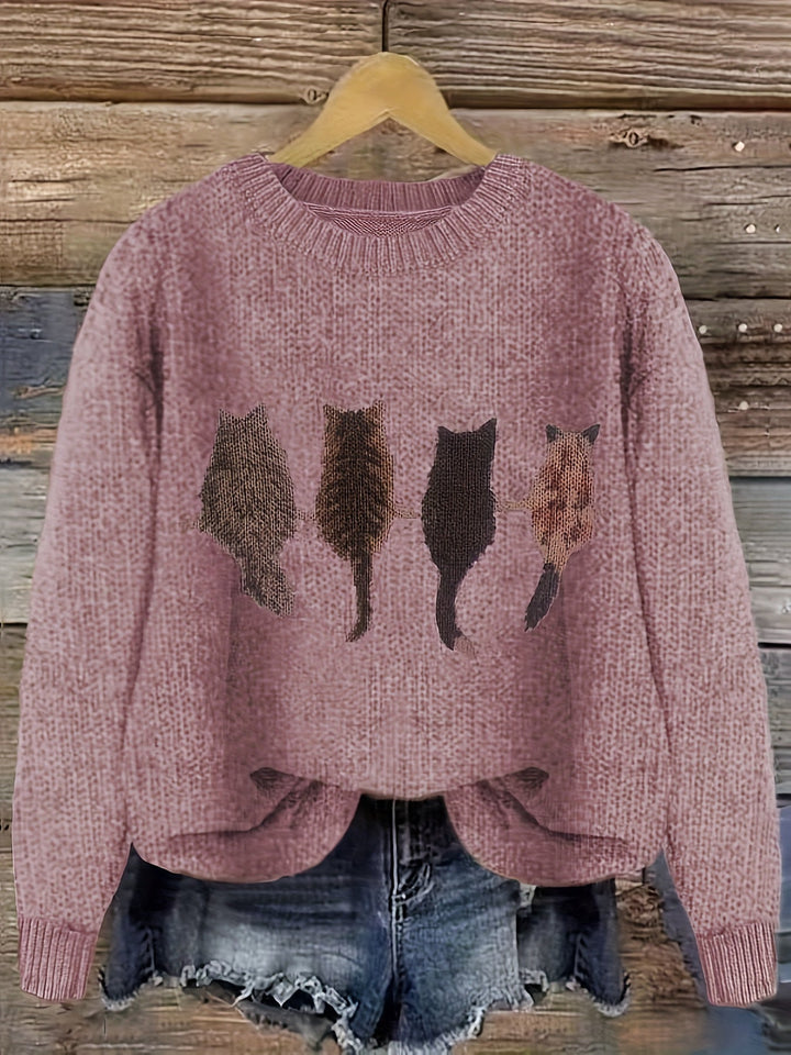 Women's Cat Print Crewneck Oversized Knit Sweater