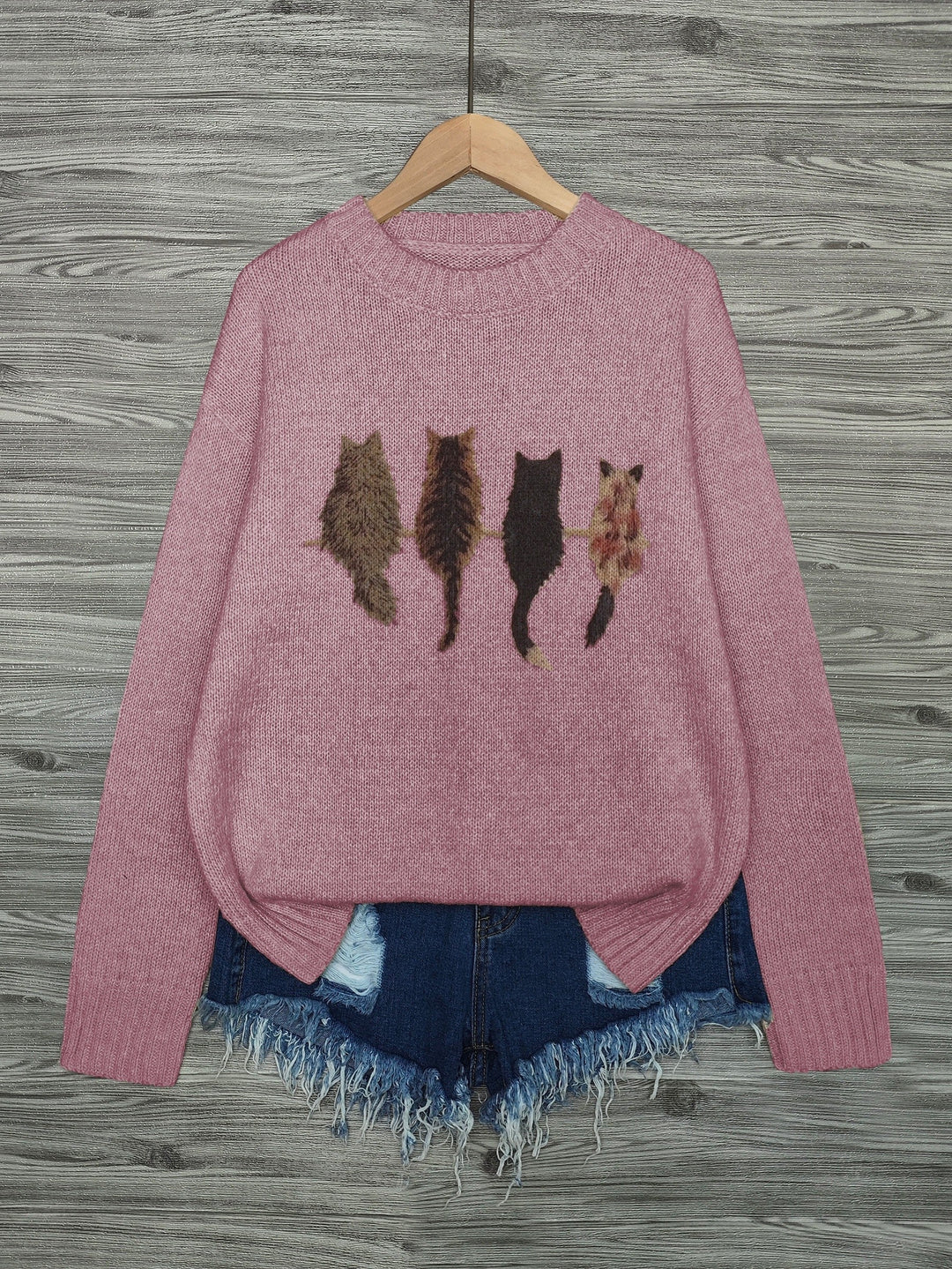 Women's Cat Print Crewneck Oversized Knit Sweater