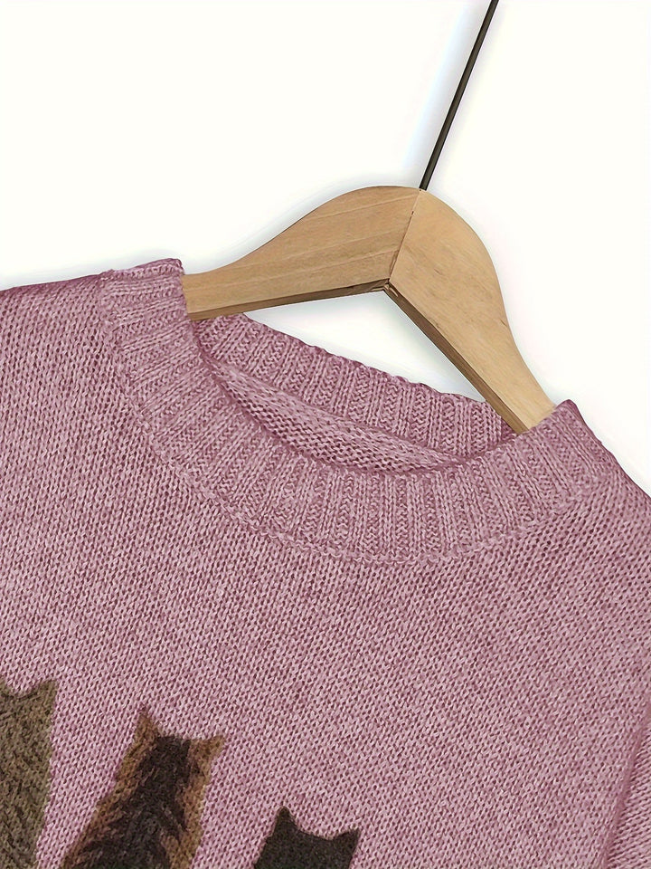 Women's Cat Print Crewneck Oversized Knit Sweater