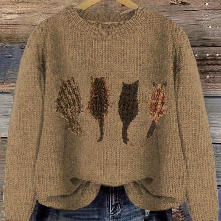 Women's Cat Print Crewneck Oversized Knit Sweater