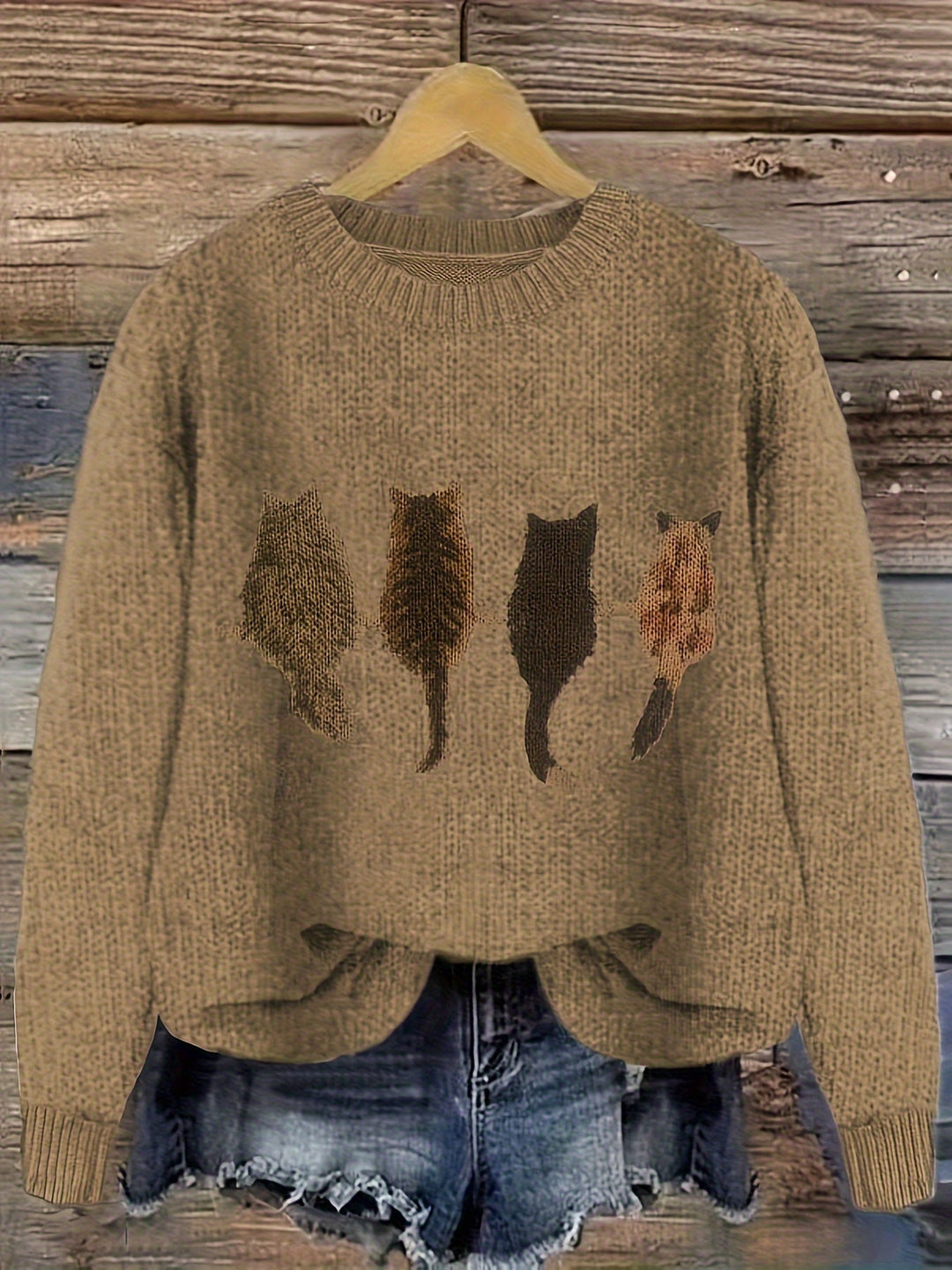 Women's Cat Print Crewneck Oversized Knit Sweater
