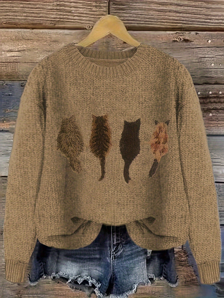 Women's Cat Print Crewneck Oversized Knit Sweater
