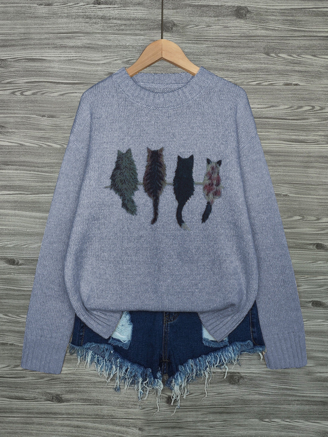 Women's Cat Print Crewneck Oversized Knit Sweater