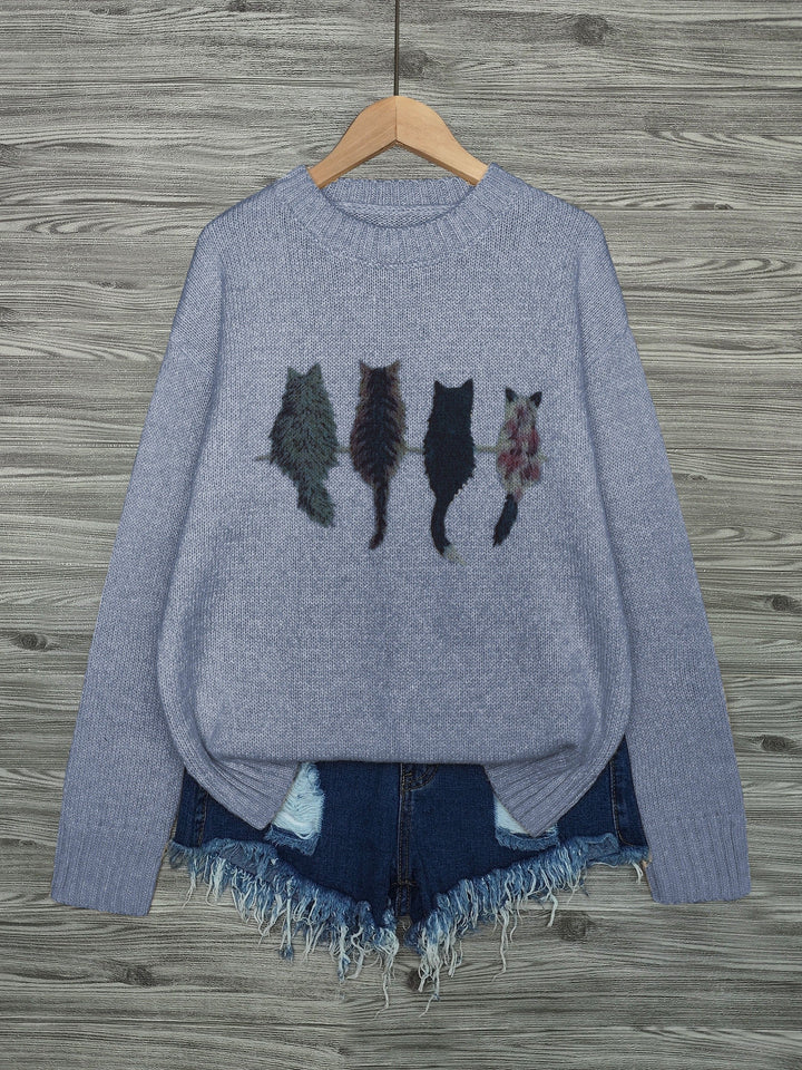 Women's Cat Print Crewneck Oversized Knit Sweater