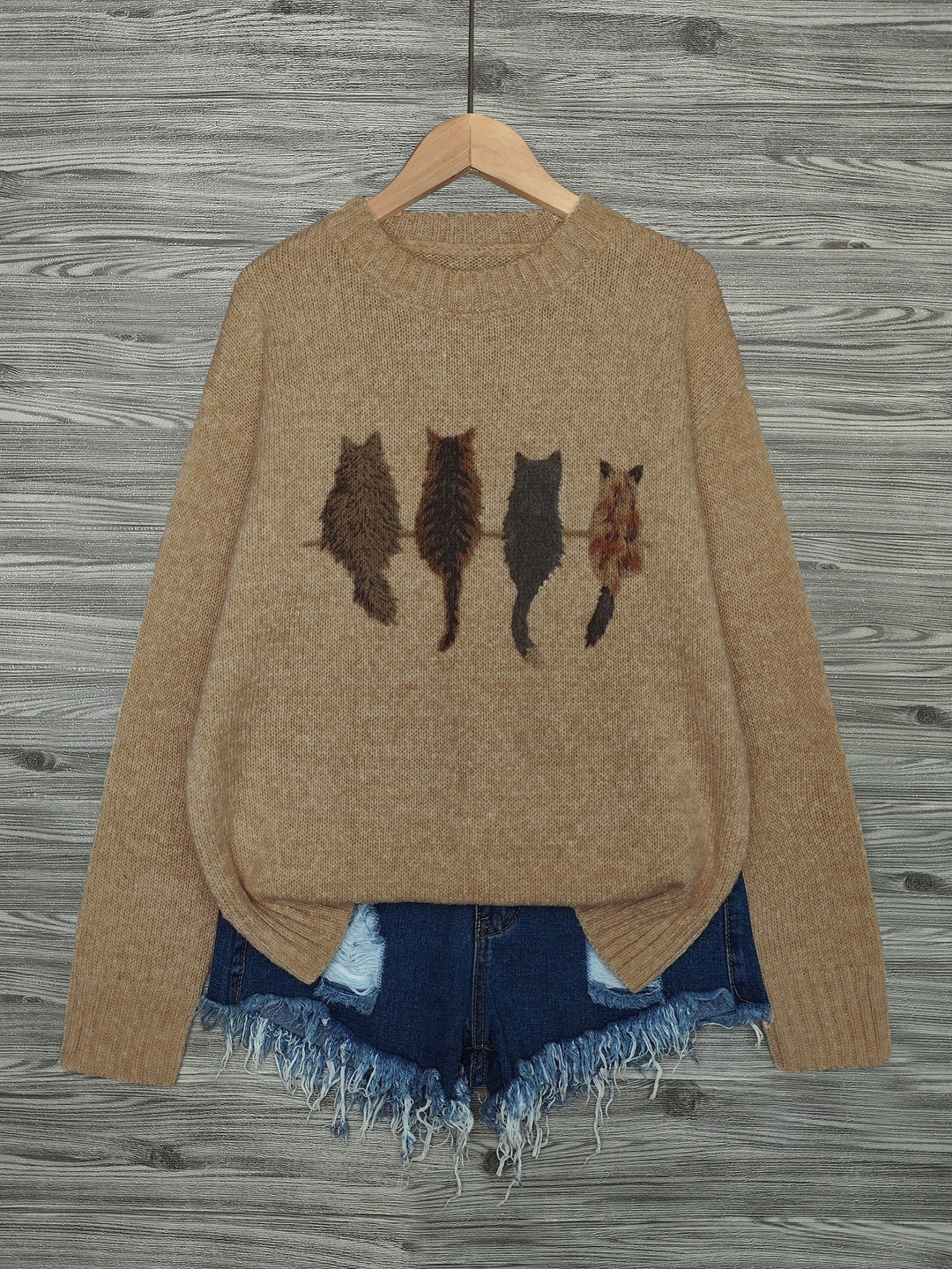 Women's Cat Print Crewneck Oversized Knit Sweater