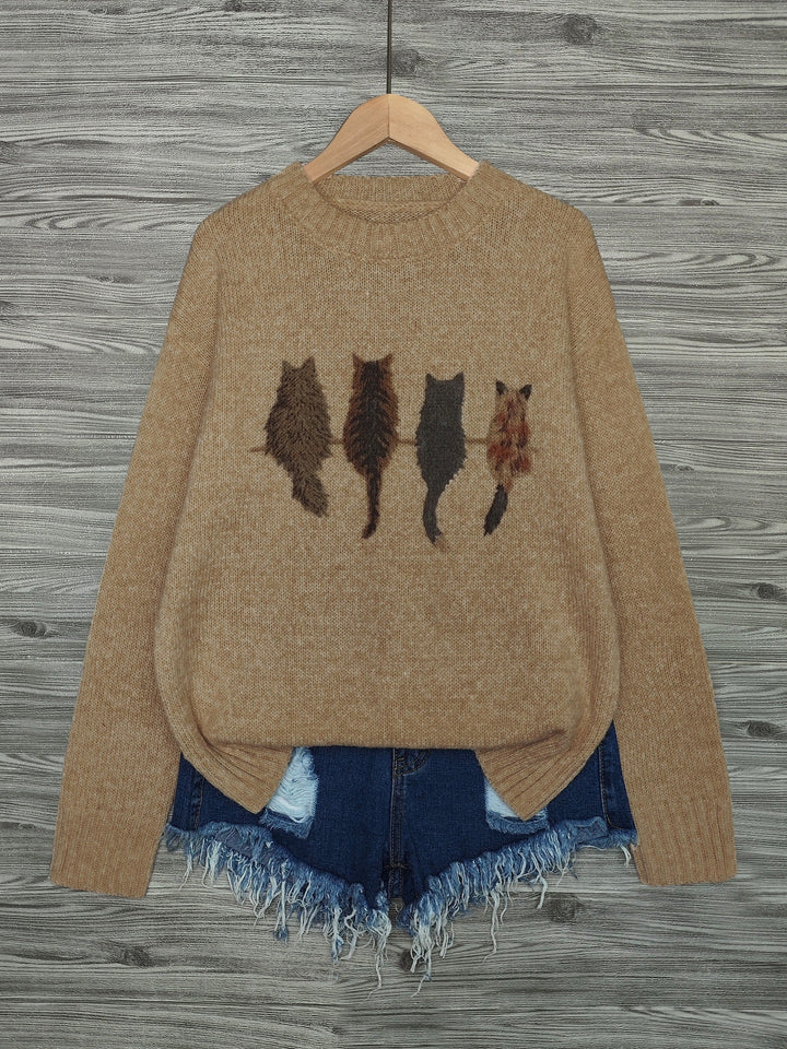 Women's Cat Print Crewneck Oversized Knit Sweater
