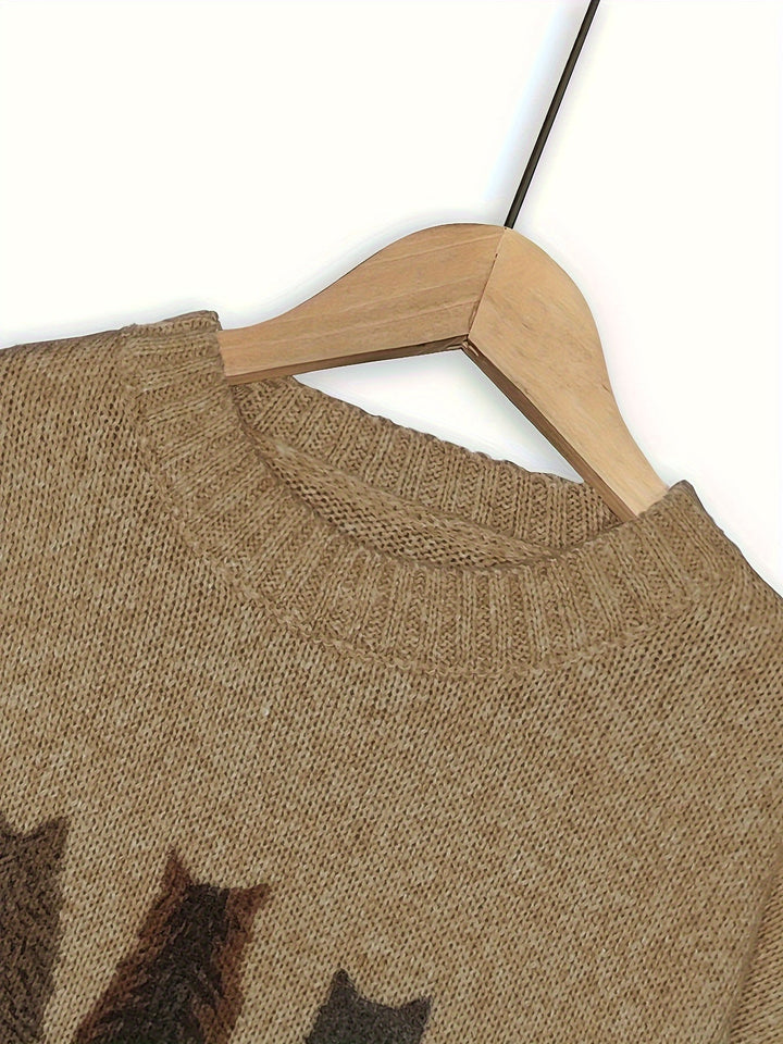 Women's Cat Print Crewneck Oversized Knit Sweater