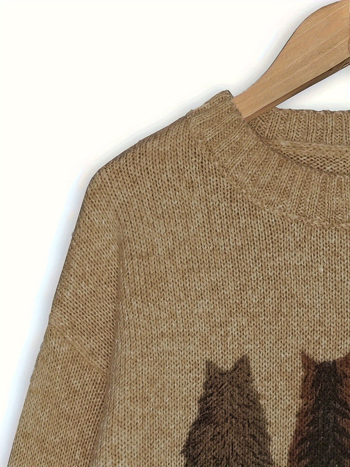 Women's Cat Print Crewneck Oversized Knit Sweater