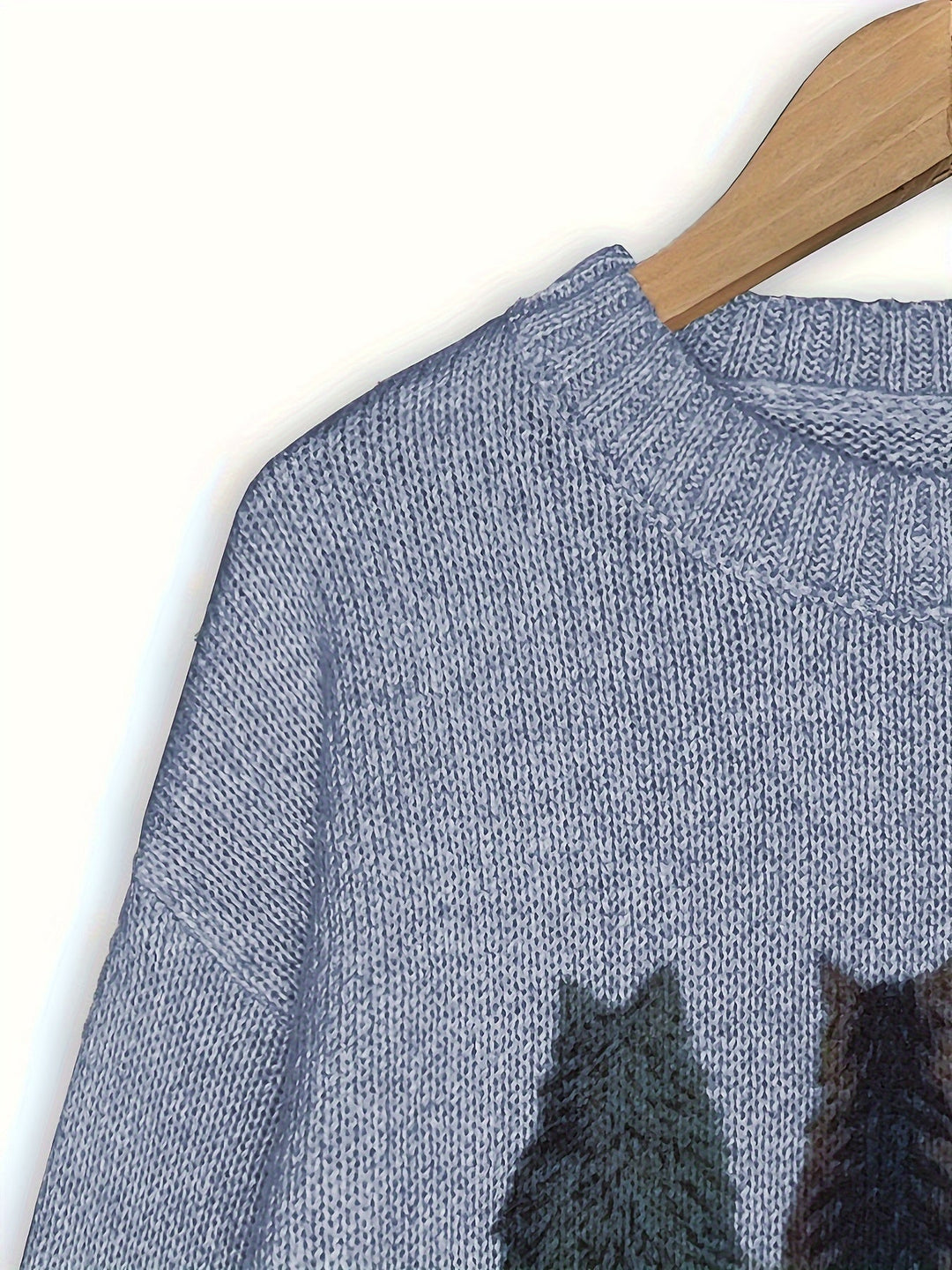 Women's Cat Print Crewneck Oversized Knit Sweater