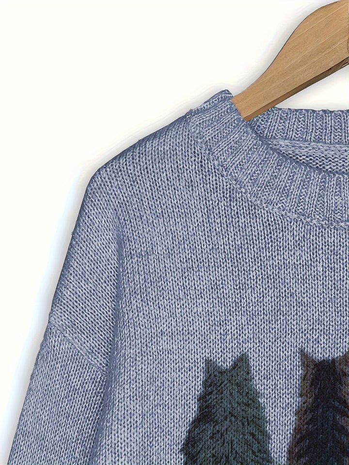Women's Cat Print Crewneck Oversized Knit Sweater
