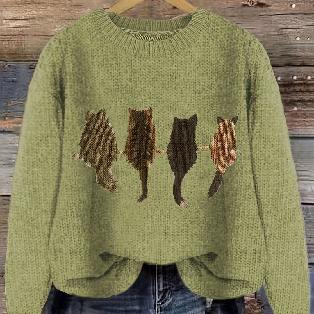 Women's Cat Print Crewneck Oversized Knit Sweater